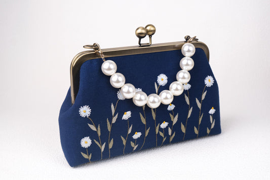Navy Blue Embroidered Clutch with Pearl Handle