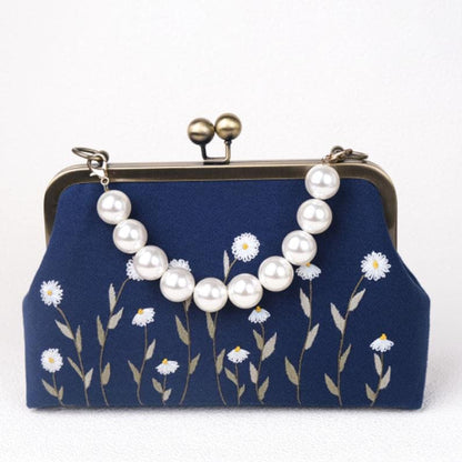 Navy Blue Embroidered Clutch with Pearl Handle