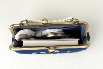 Navy Blue Embroidered Clutch with Pearl Handle
