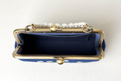 Navy Blue Embroidered Clutch with Pearl Handle