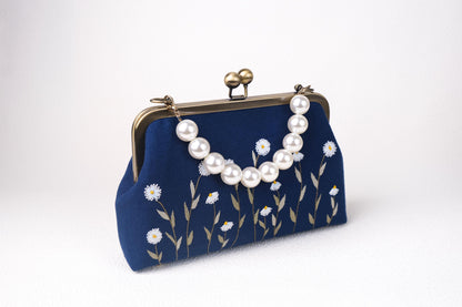 Navy Blue Embroidered Clutch with Pearl Handle