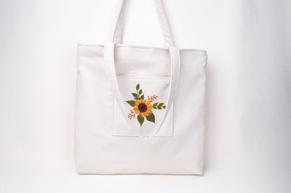 Personalized Linen Tote Bag with Daisy Embroidery