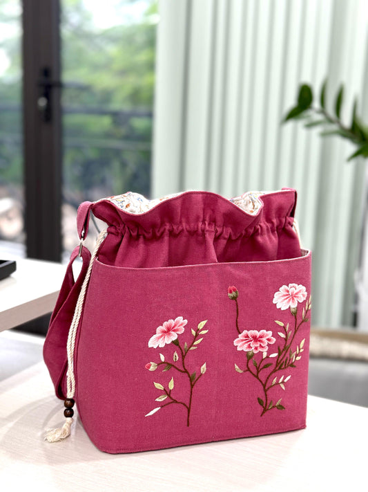 Pink Embroidered Linen Tote Bag for Girls