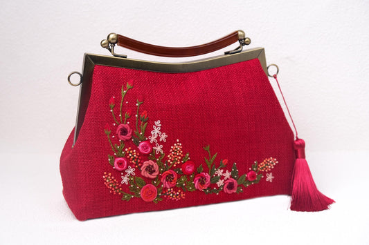 Red Embroidered Clutch Bag with Frame Handle