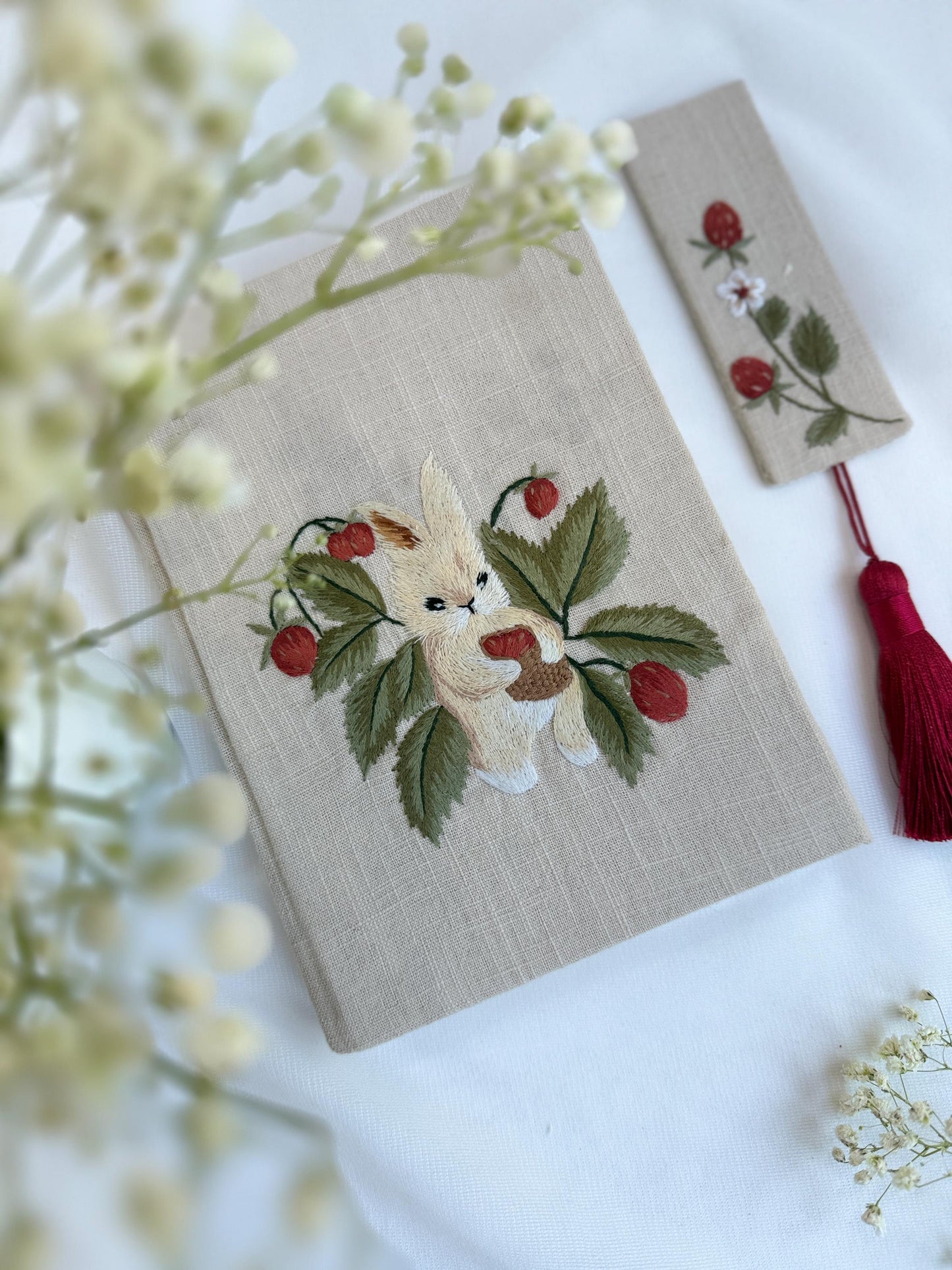 Strawberry Bunny Embroidered Notebook & Bookmark