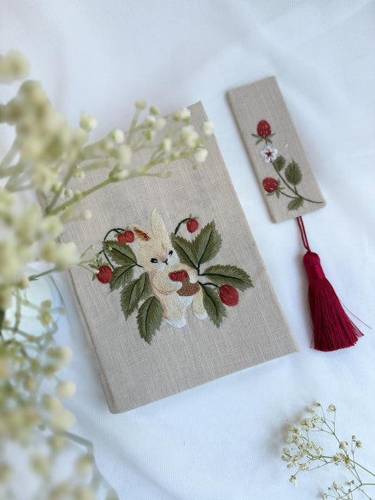 Strawberry Bunny Embroidered Notebook & Bookmark