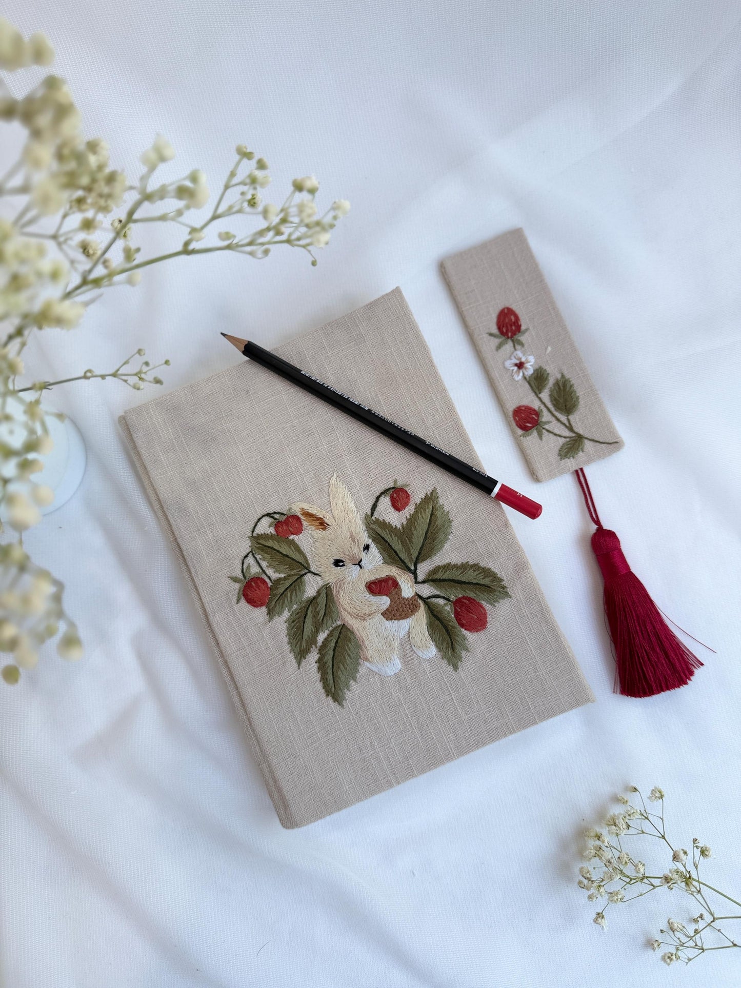 Strawberry Bunny Embroidered Notebook & Bookmark