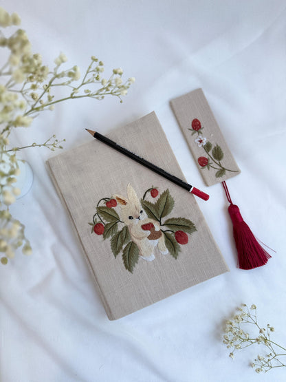 Strawberry Bunny Embroidered Notebook & Bookmark
