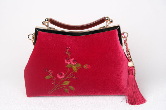 Velvet Embroidered Clutch with 3D Flowers