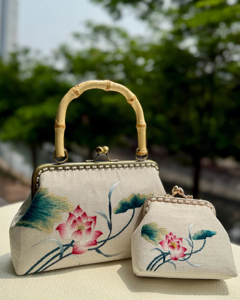 Embroidered Lotus Clasp Bag